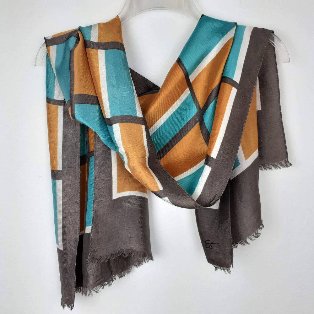 Vintage Mid Century Jean Ete Scarf Abstract Turquoise Brown Italian Headwrap